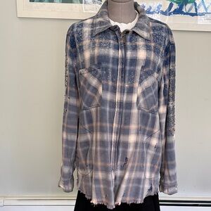 Free People Blue Cream Plaid Zip-Up Jacket with Studded Sleeves